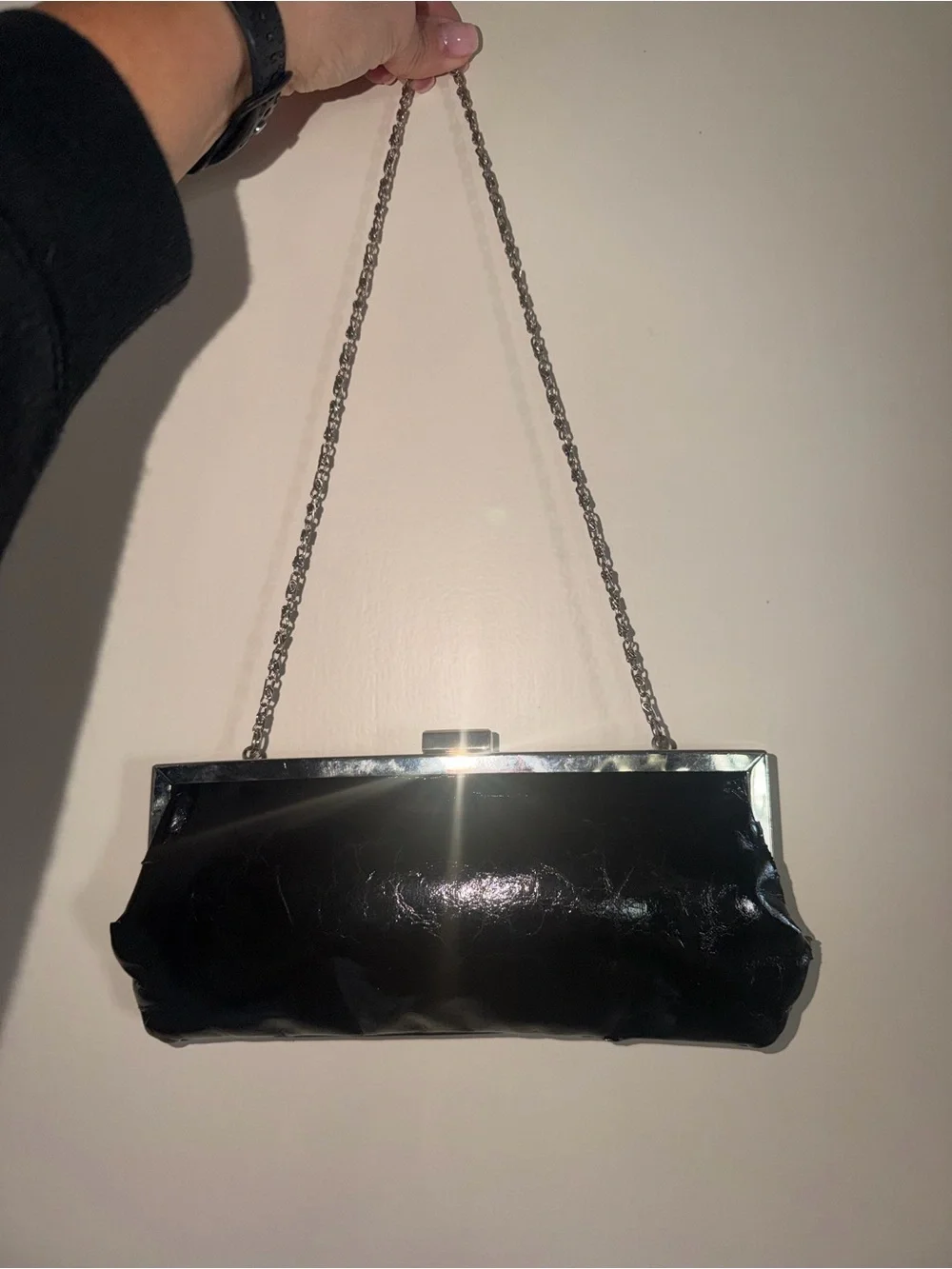 Style & Co. Black Patent Frame Clutch with Detachable Chain Strap